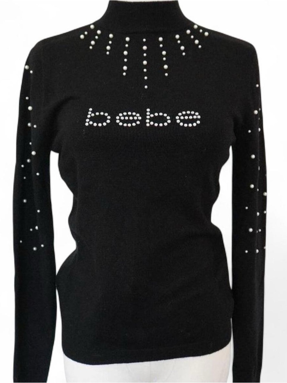bebe Black Pearl Rhinestone Logo MockNeck Fitted Y2K Embellished Knit Sweater